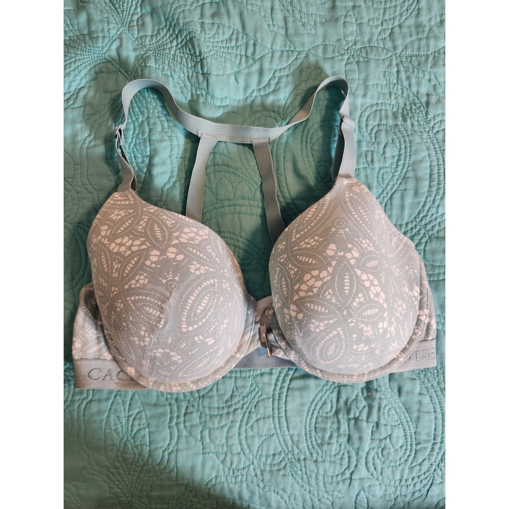 Cacique Lightly Lined T-Shirt Bra 40DD Sage Grn Paisley Lace T-Back‎ Front-Close